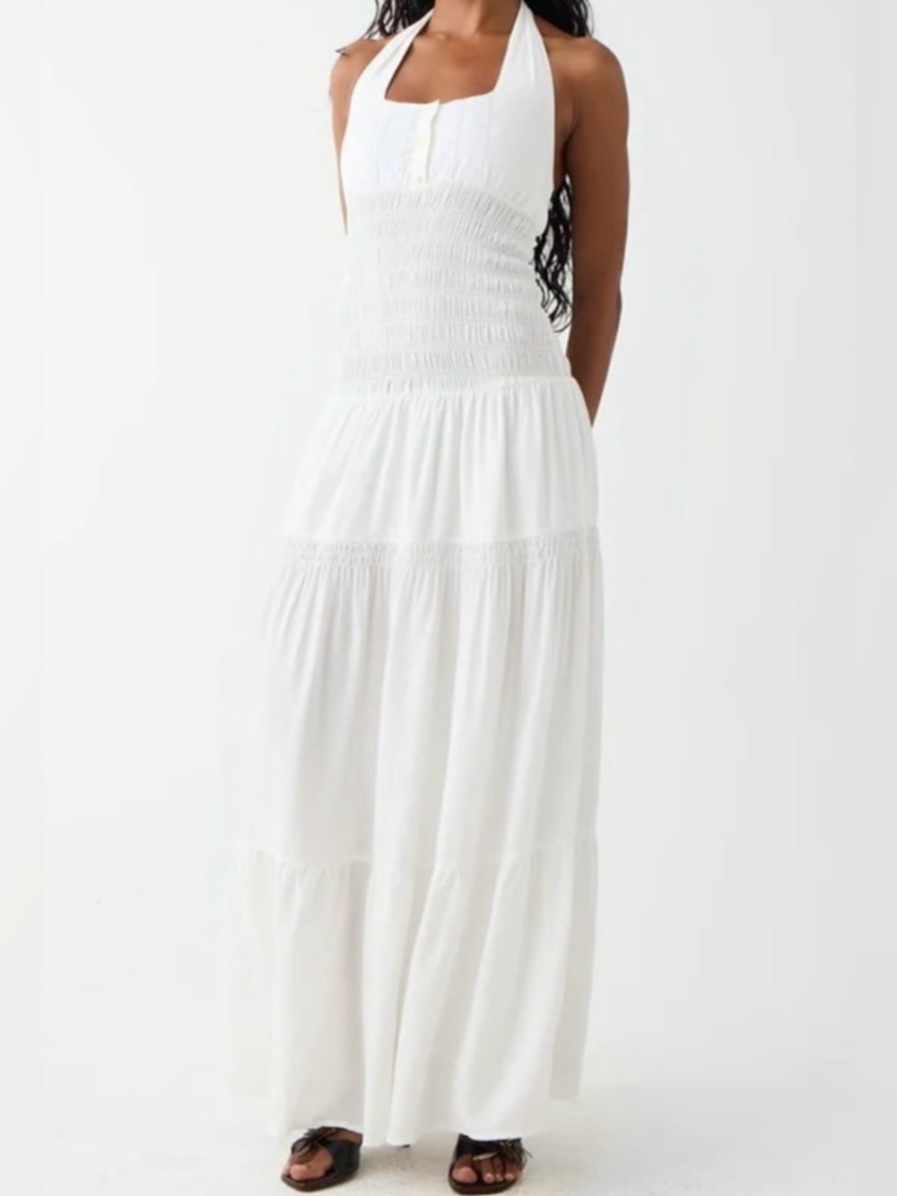 NWT FRANKIES BIKINI White Halter Smocked Maxi Dress SZ Large L